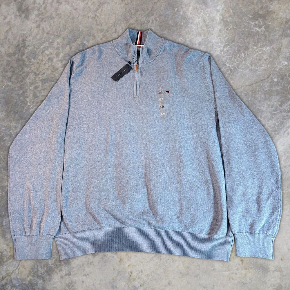 NWT TOMMY HILFIGER Men's XXL 1/4 Zip Sweater Light Blue  Flag Logo 100% Cotton